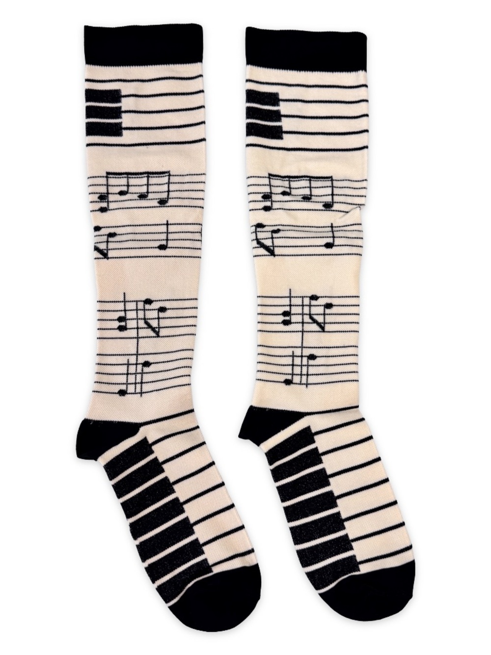 Music Note Piano Key Pattern‎ Knee High Compression Socks Size S/M Beige Black
